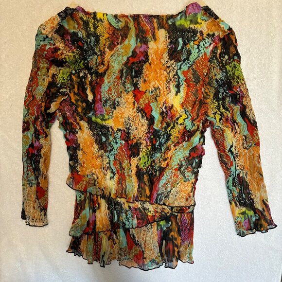 Y2K Alberto Makali Y2K Multi-color Tiered Lace Layered V-neck Crinkle Blouse L - Picture 7 of 7